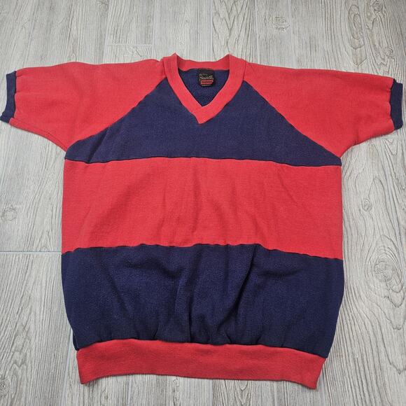 Vintage Stallion Healthknit Sweater Mens XL (Small) Red Navy Blue Short Sleeve - Picture 2 of 5